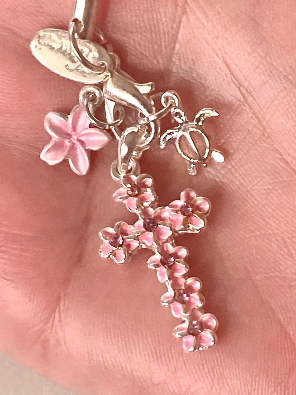 Laule’a Hawaii NWOT Pink Floral Cross phone Charm Silver Tone accessory